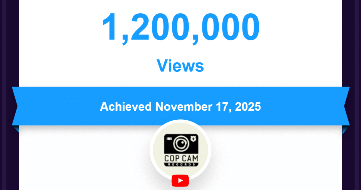 vidIQ certificate showing Cop Cam Records achieving 1,200,000 YouTube views on November 17, 2025