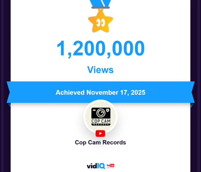 vidIQ certificate showing Cop Cam Records achieving 1,200,000 YouTube views on November 17, 2025